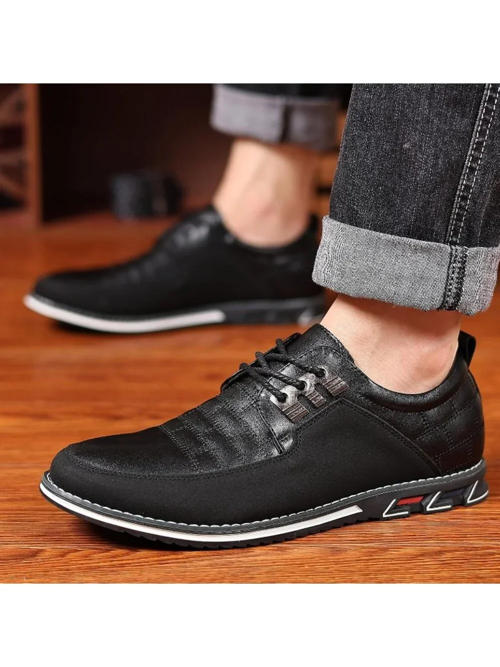 Men's Black Grid Textured Lace-Up Two-tone Flexible Derby Oxfords Dress Sneaker